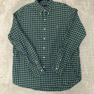 Polo Ralph Lauren XL Black Watch Plaid Shirt Orange Overcheck & Pony Blue Green